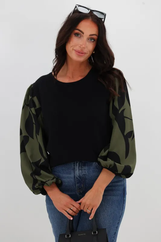 Gloss The Label Sable Contrast Sleeve Top Olive Abstract Print sold by Shine On