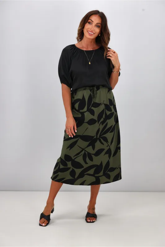 Gloss The Label Lyra Bias Skirt Olive Abstract Print sold by Shine On