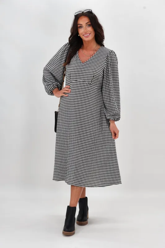 Shine On Label Nepia Check Midi Dress Black White sold by Shine On