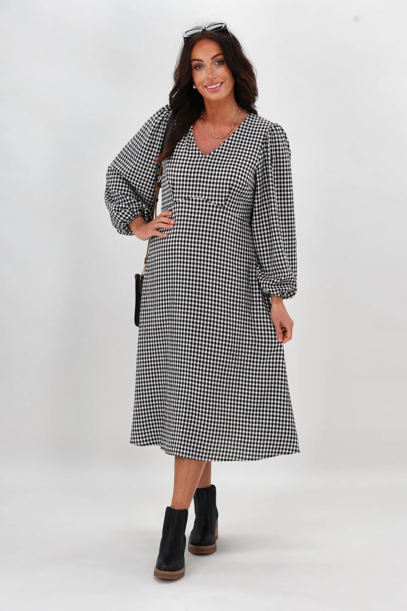 Shine On Label Nepia Check Midi Dress Black White sold by Shine On