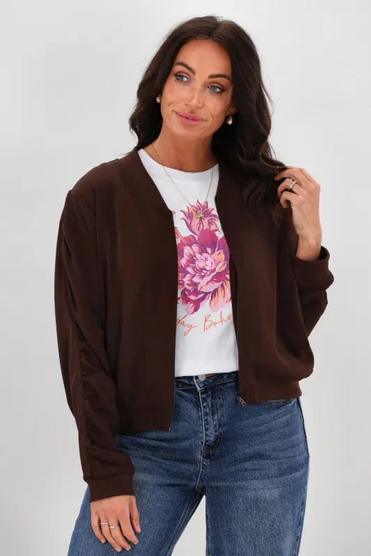 Shine On Label Hailey Gathered Sleeve Bomber Jacket Chocolate sold by Shine On