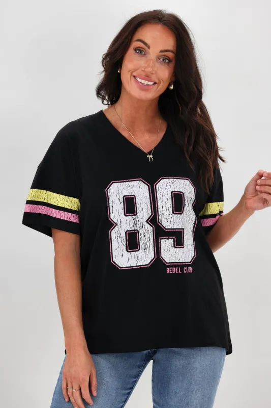 Rebel Club College V Neck Tee Black sold by Shine On