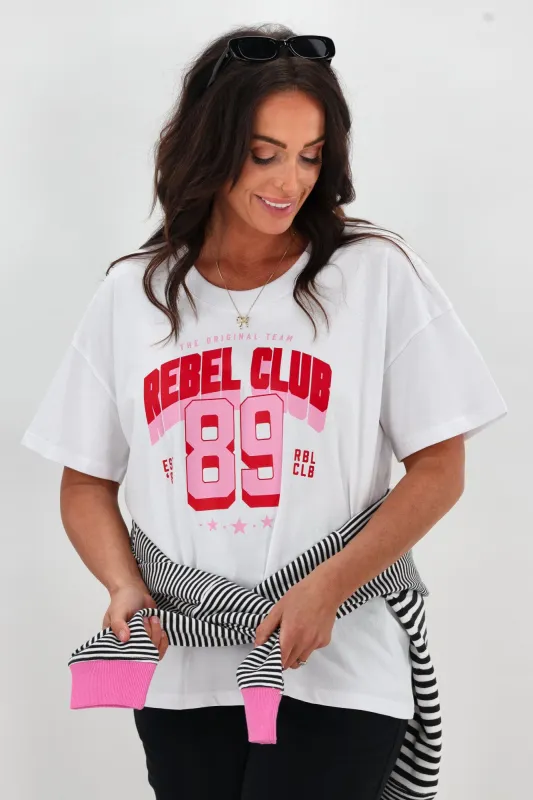 Rebel Club Varsity Tee Red White sold by Shine On
