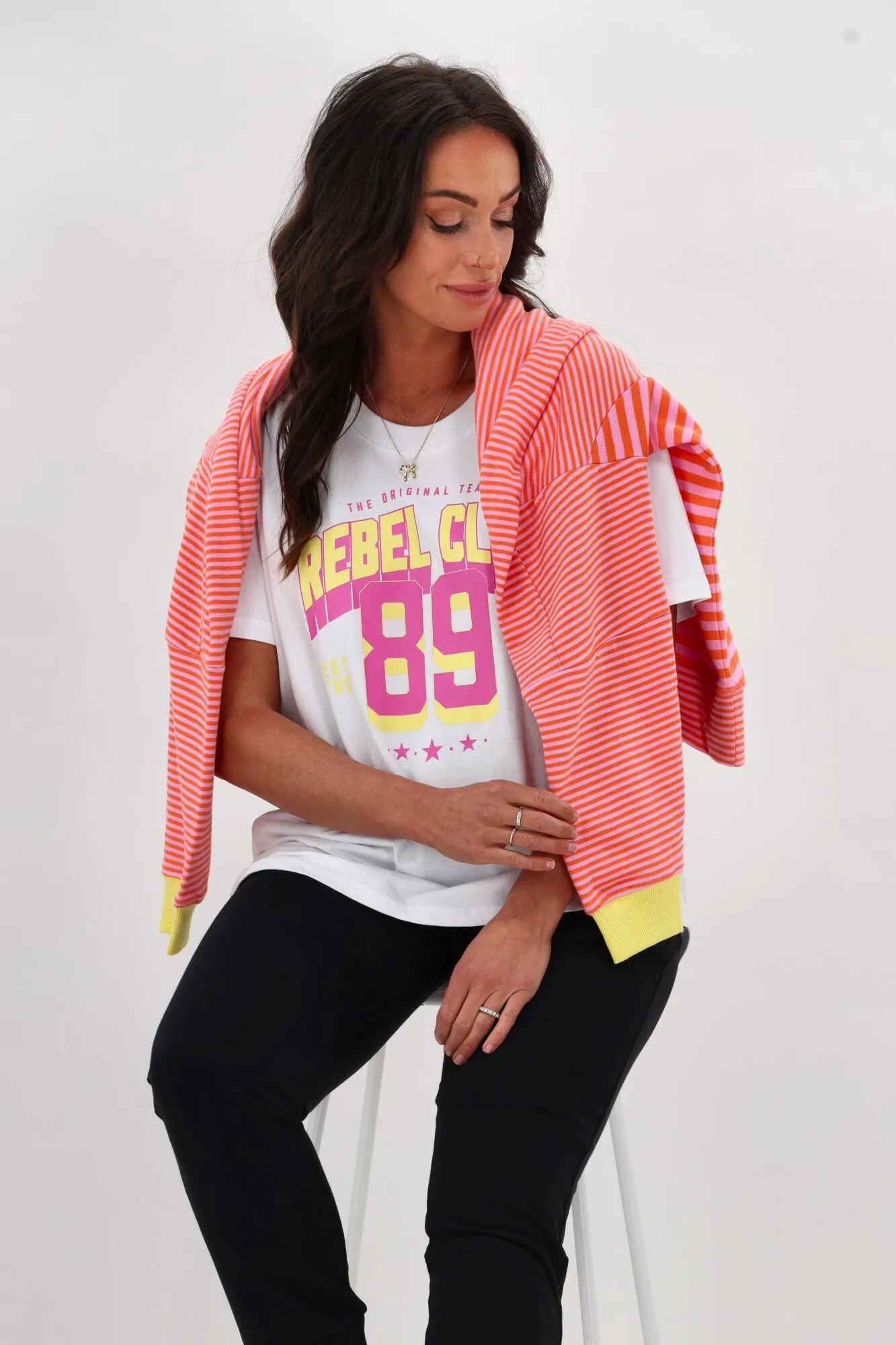 Rebel Club Varsity Tee Pink White sold by Shine On