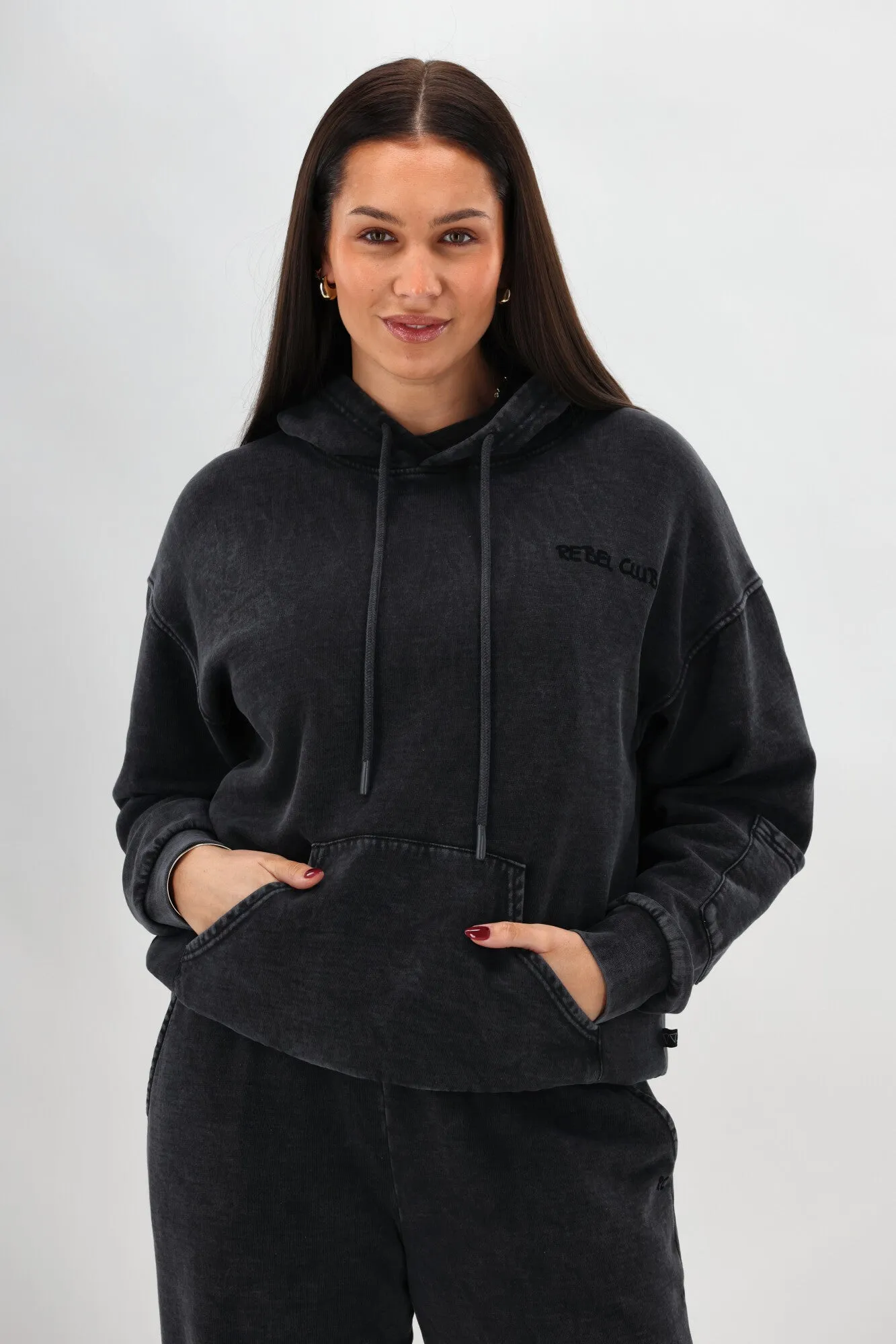 Rebel Club Flock Flower Hoodie Black Wash sold by Shine On