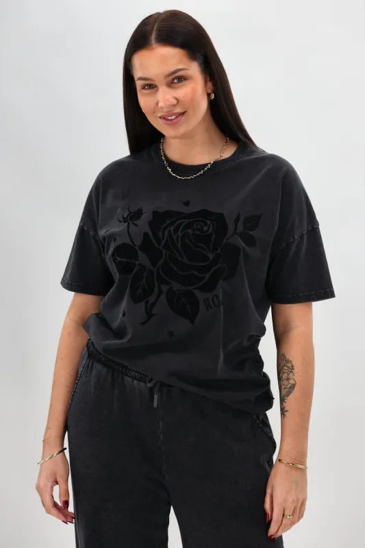 Rebel Club Flock Flower Tee Black Wash sold by Shine On