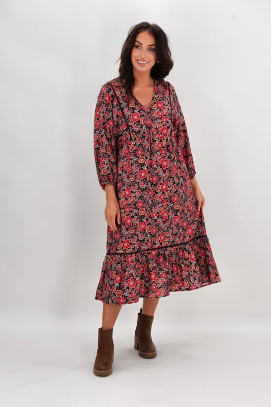 Sunday Boho Rachel Empire Seam Midi Dress Midnight Floral sold by Shine On