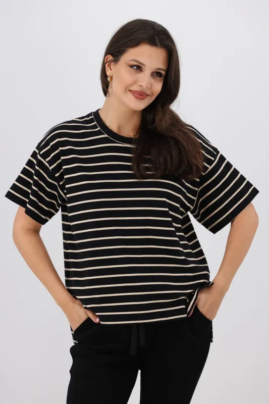 Shine On Essentials Relaxed Stripe Tee Black and Natural Stripe sold by Shine On