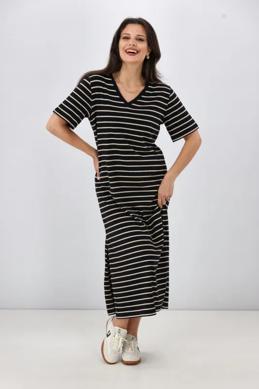 Shine On Essentials Relaxed Stripe Tee Dress Black and Natural Stripe sold by Shine On