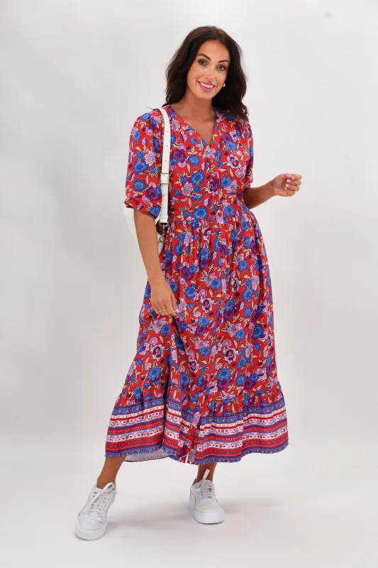 Sunday Boho Faith 3/4 Sleeve Midi Dress Red Floral sold by Shine On