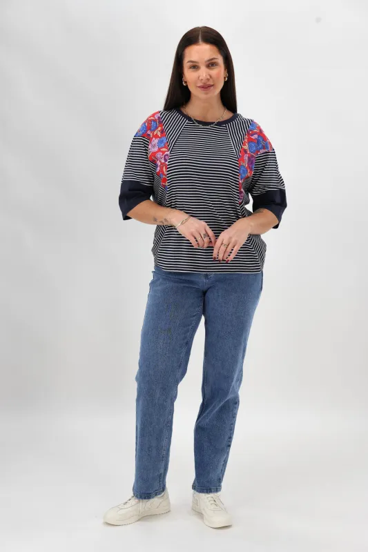 Sunday Boho Paula Floral Panelled Top Navy and White Stripe sold by Shine On