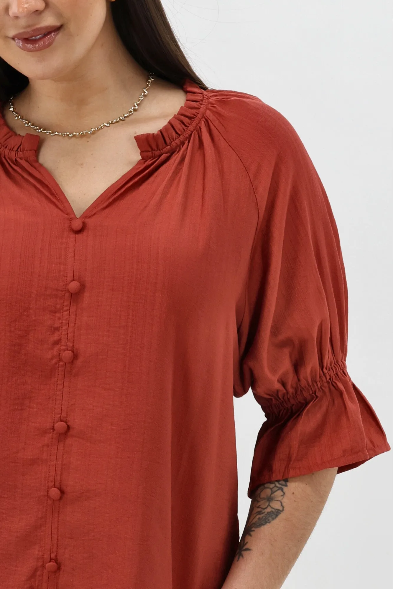 Gloss The Label Sophia Ruffle Neck Blouse Rust sold by Shine On product image thumbnail 5