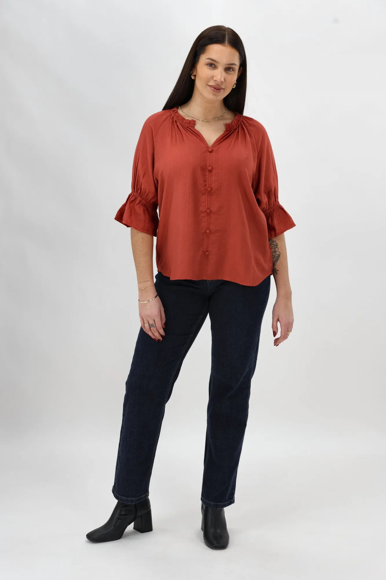 Gloss The Label Sophia Ruffle Neck Blouse Rust sold by Shine On product image thumbnail 3