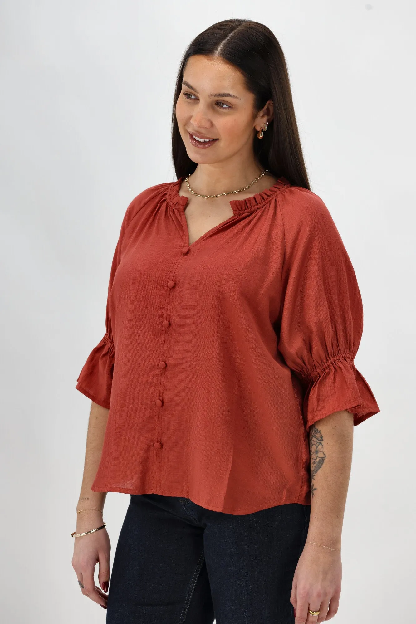 Gloss The Label Sophia Ruffle Neck Blouse Rust sold by Shine On product image thumbnail 4