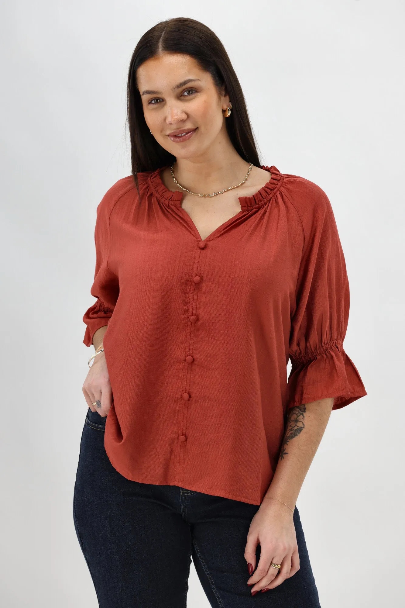 Gloss The Label Sophia Ruffle Neck Blouse Rust sold by Shine On product image thumbnail 2