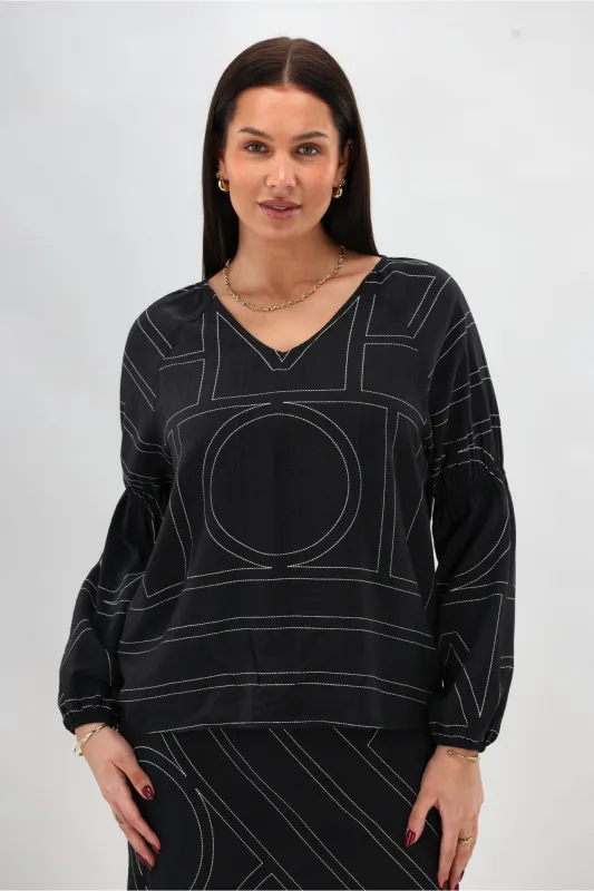 Shine On Label Rashin V Neck Top Black Print sold by Shine On