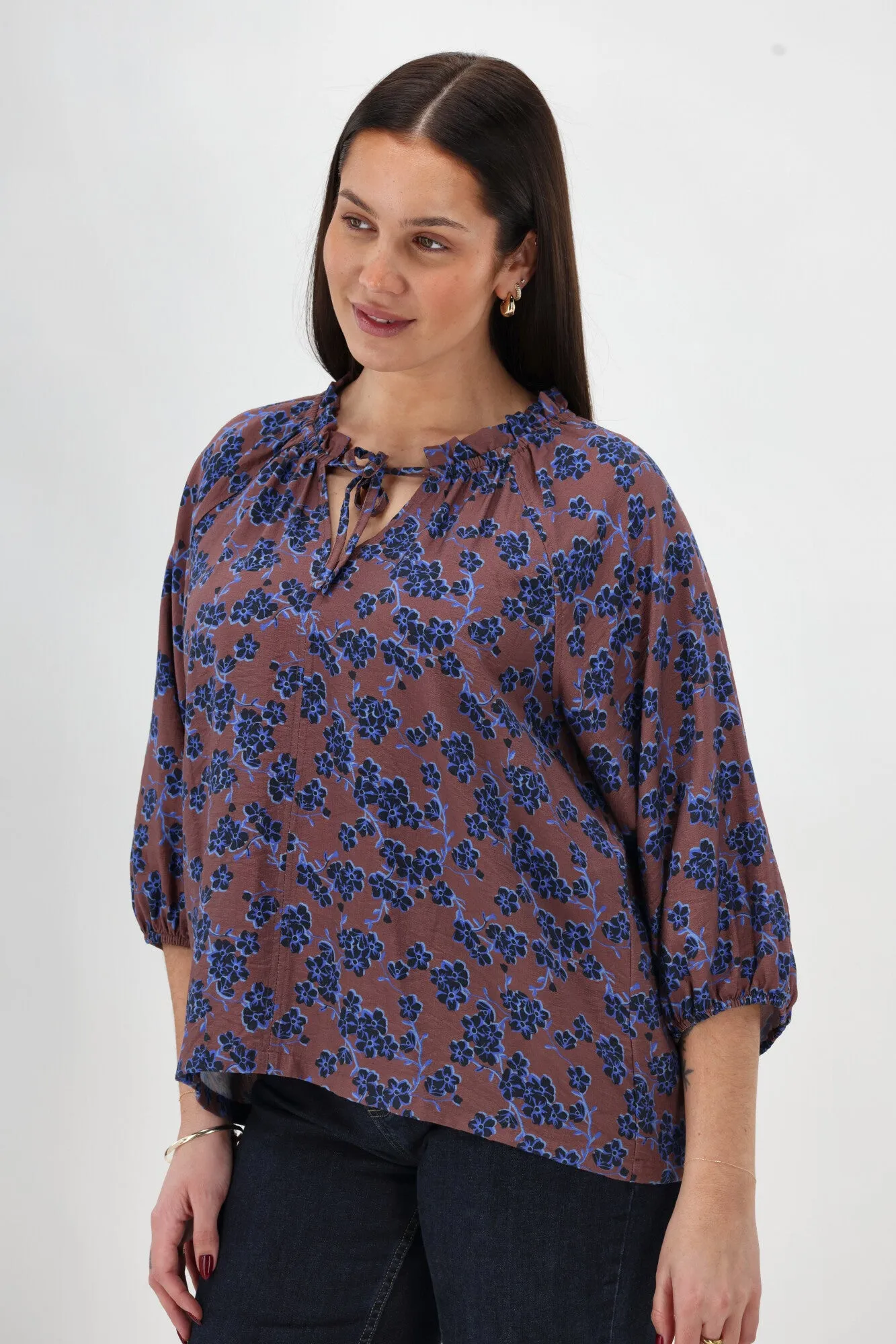 Gloss The Label Tihana Frill Neck Blouse Chocolate Floral sold by Shine On product image thumbnail 3