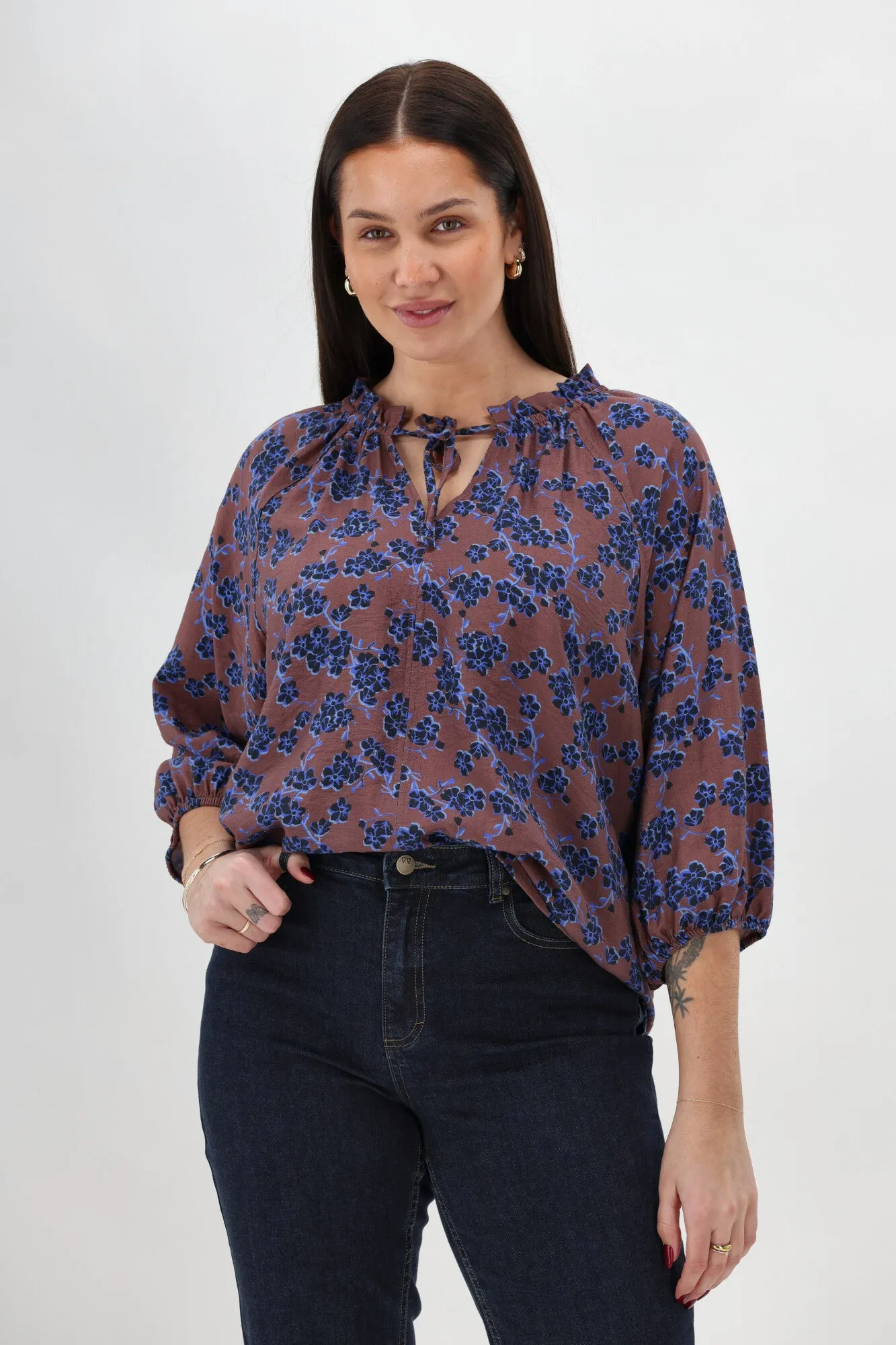 Gloss The Label Tihana Frill Neck Blouse Chocolate Floral sold by Shine On