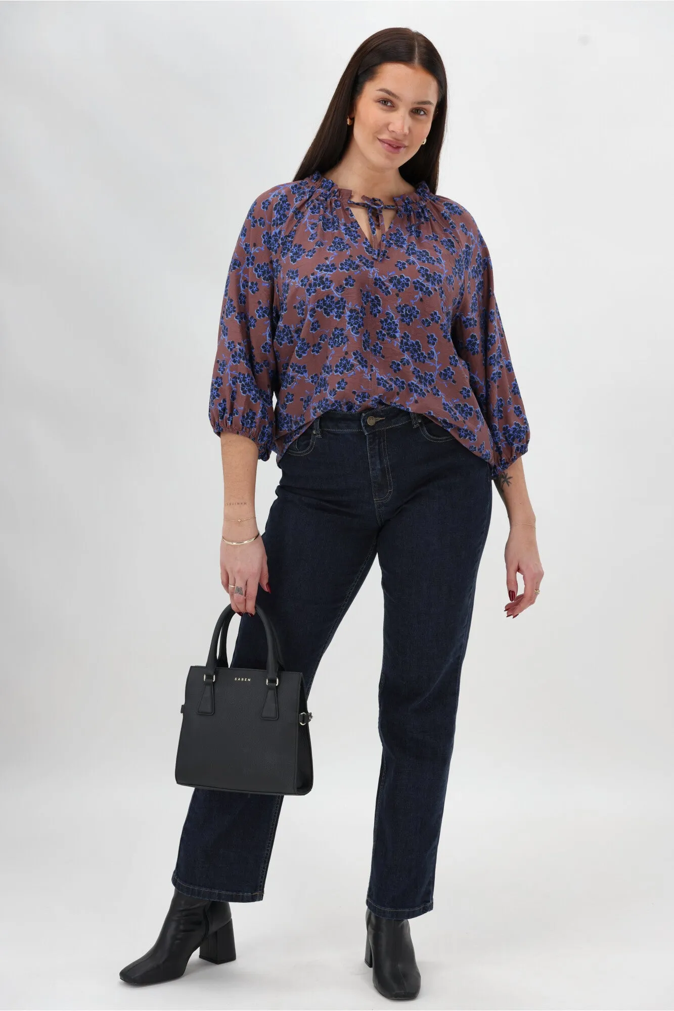 Gloss The Label Tihana Frill Neck Blouse Chocolate Floral sold by Shine On product image thumbnail 2