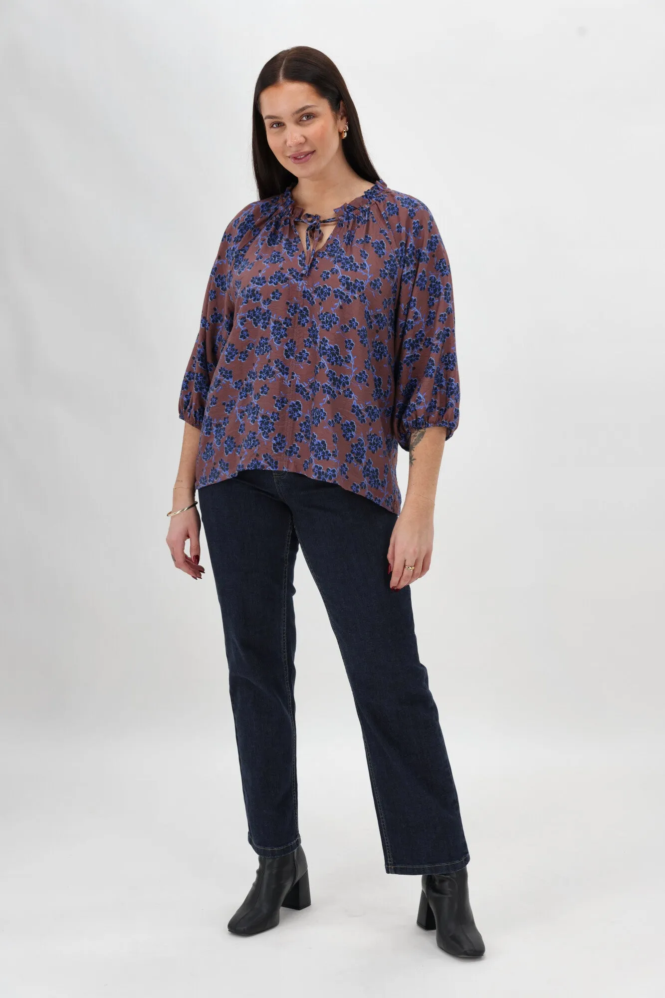 Gloss The Label Tihana Frill Neck Blouse Chocolate Floral sold by Shine On product image thumbnail 4