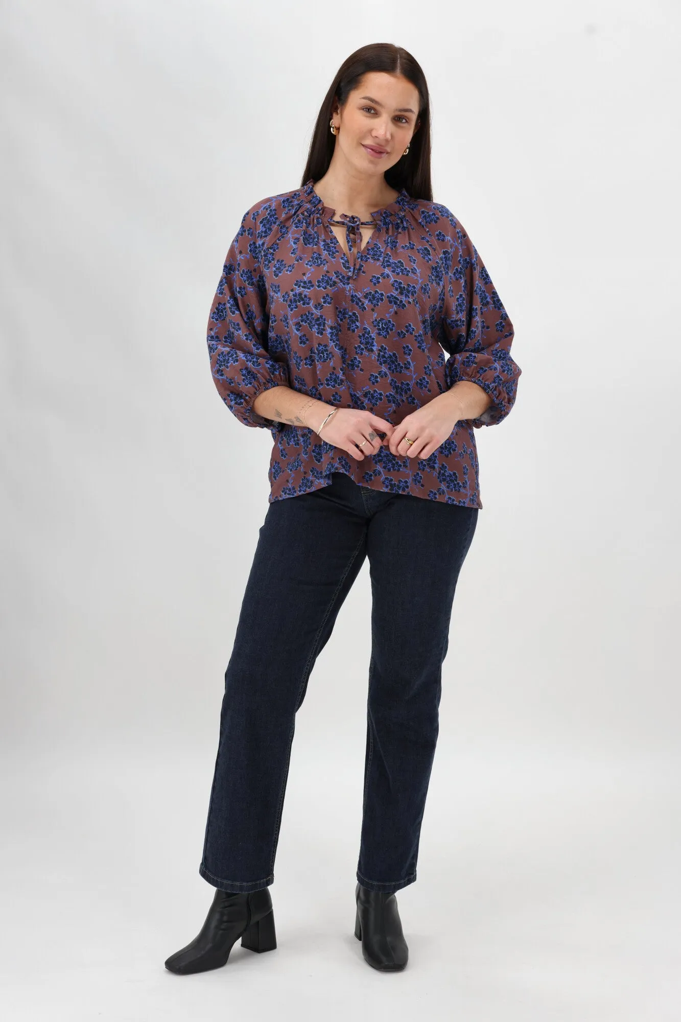 Gloss The Label Tihana Frill Neck Blouse Chocolate Floral sold by Shine On product image thumbnail 5