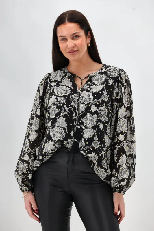 Sunday Boho Audrey Peasant Sleeve Blouse Print Black sold by Shine On