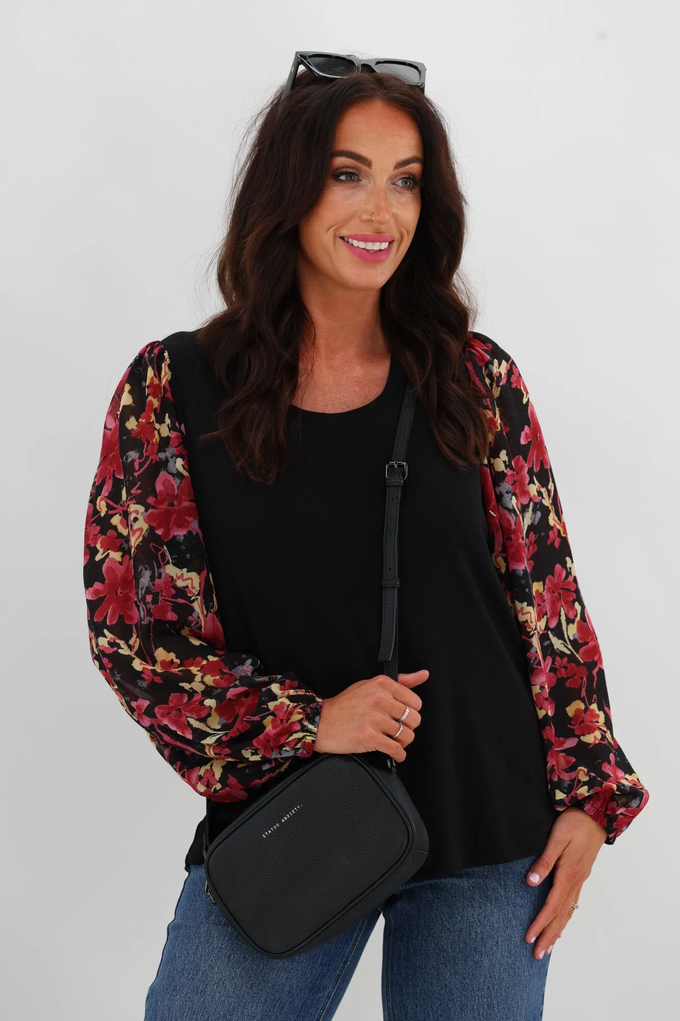 Gloss The Label Agatha Contrast Sleeve Top Black and Cranberry Floral sold by Shine On product image thumbnail 2