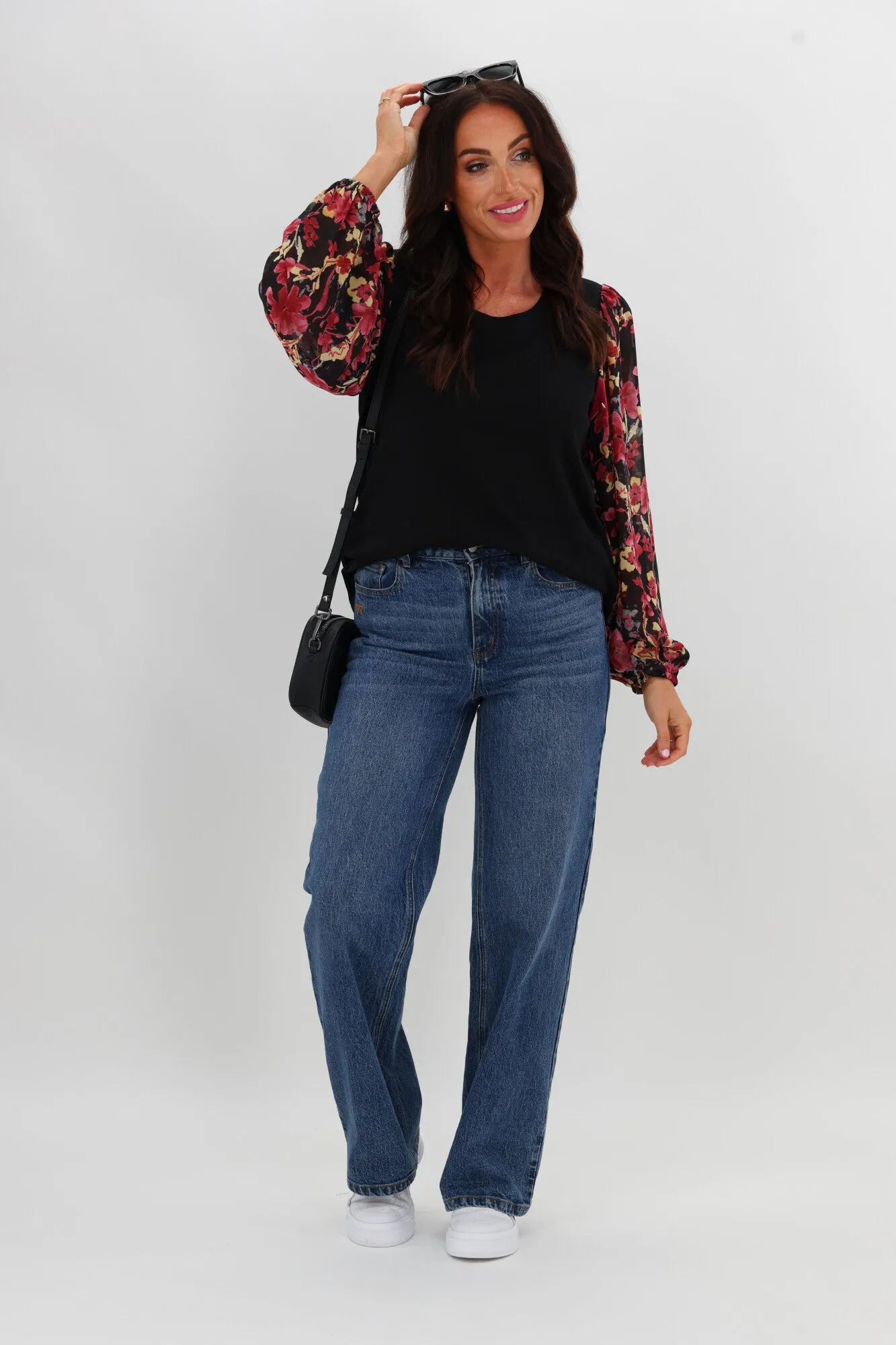 Gloss The Label Agatha Contrast Sleeve Top Black and Cranberry Floral sold by Shine On