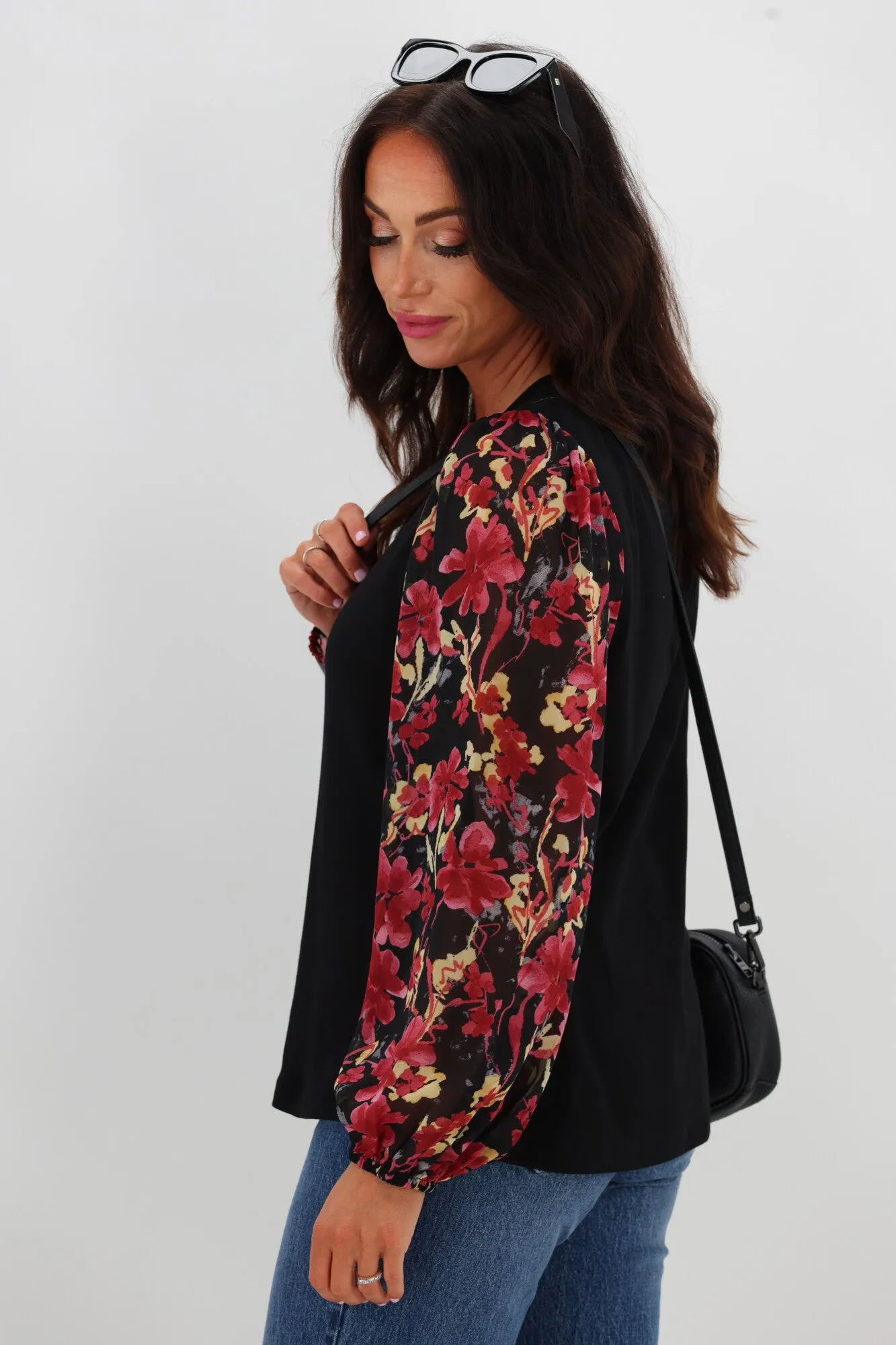 Gloss The Label Agatha Contrast Sleeve Top Black and Cranberry Floral sold by Shine On product image thumbnail 5