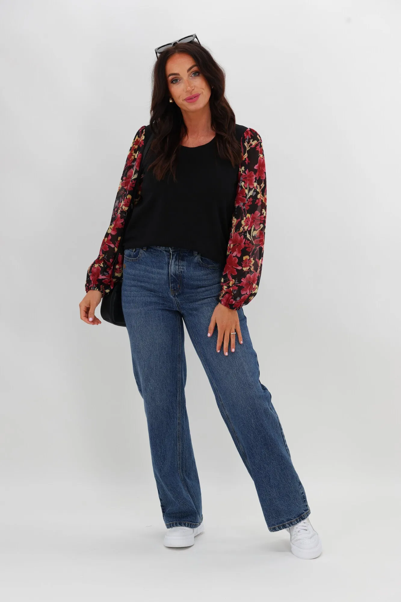 Gloss The Label Agatha Contrast Sleeve Top Black and Cranberry Floral sold by Shine On product image thumbnail 3