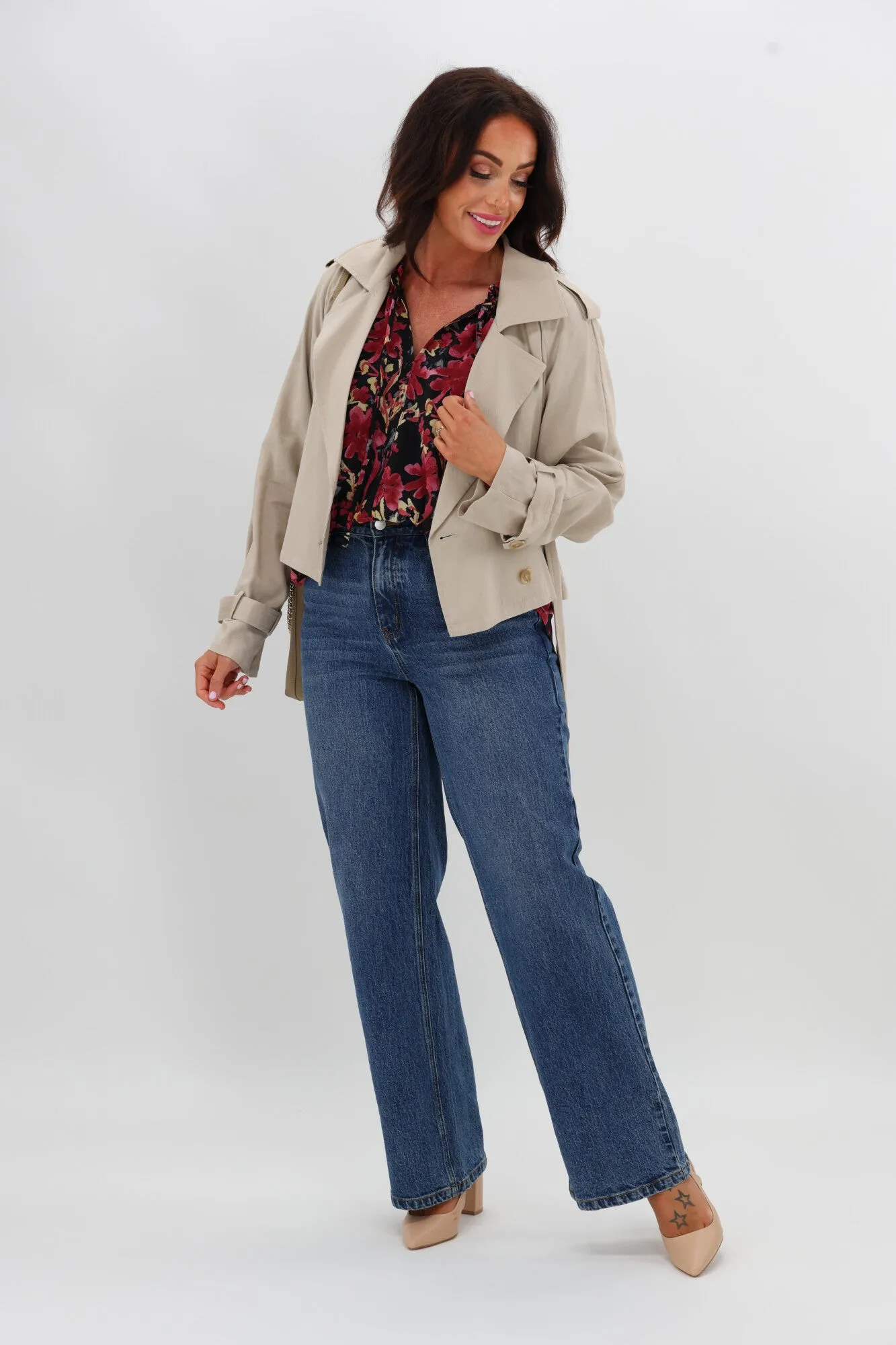 Gloss The Label Tihana Frill Neck Blouse Black and Cranberry Floral sold by Shine On product image thumbnail 4