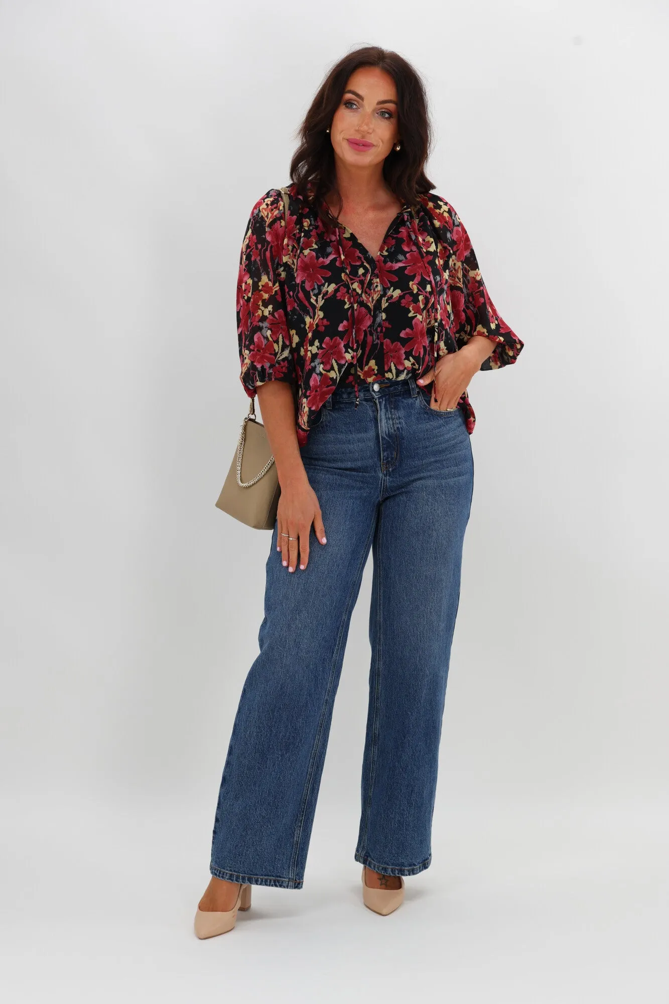 Gloss The Label Tihana Frill Neck Blouse Black and Cranberry Floral sold by Shine On product image thumbnail 5