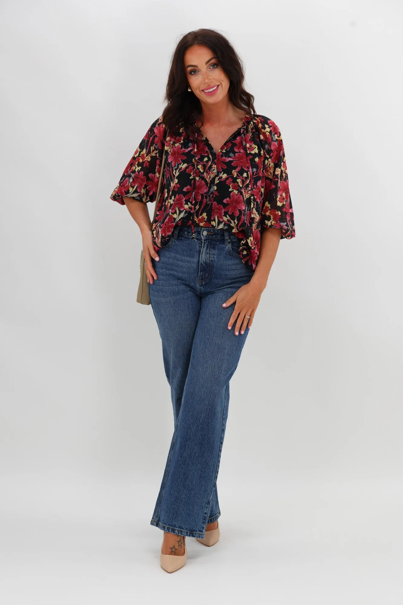 Gloss The Label Tihana Frill Neck Blouse Black and Cranberry Floral sold by Shine On