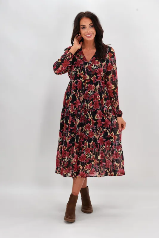 Gloss The Label Chadrick V Neck Tier Dress Black and Cranberry sold by Shine On