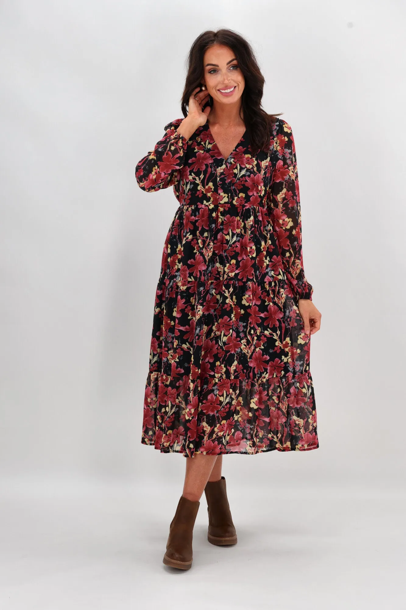 Gloss The Label Chadrick V Neck Tier Dress Black and Cranberry sold by Shine On