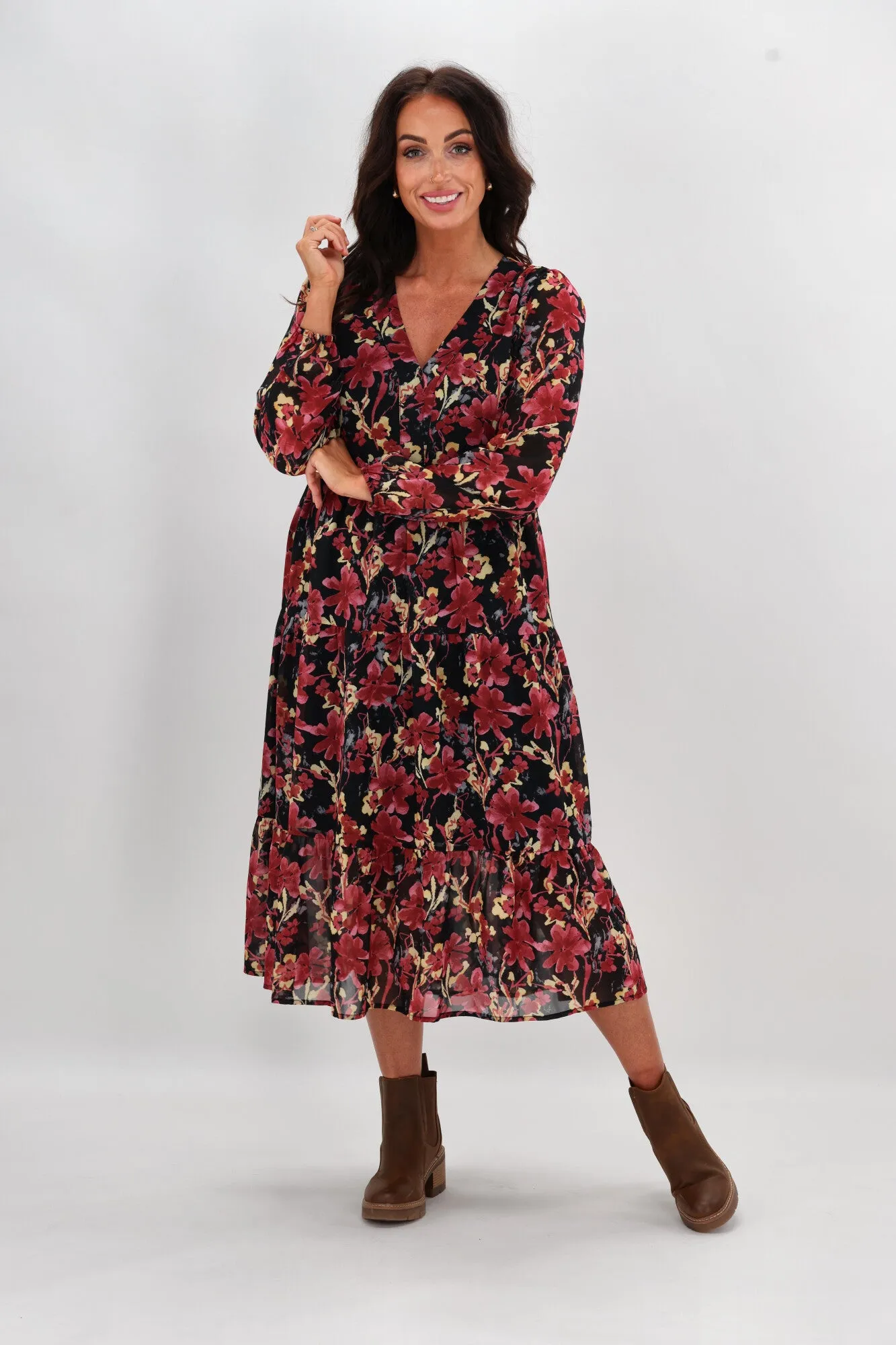 Gloss The Label Chadrick V Neck Tier Dress Black and Cranberry sold by Shine On product image thumbnail 5