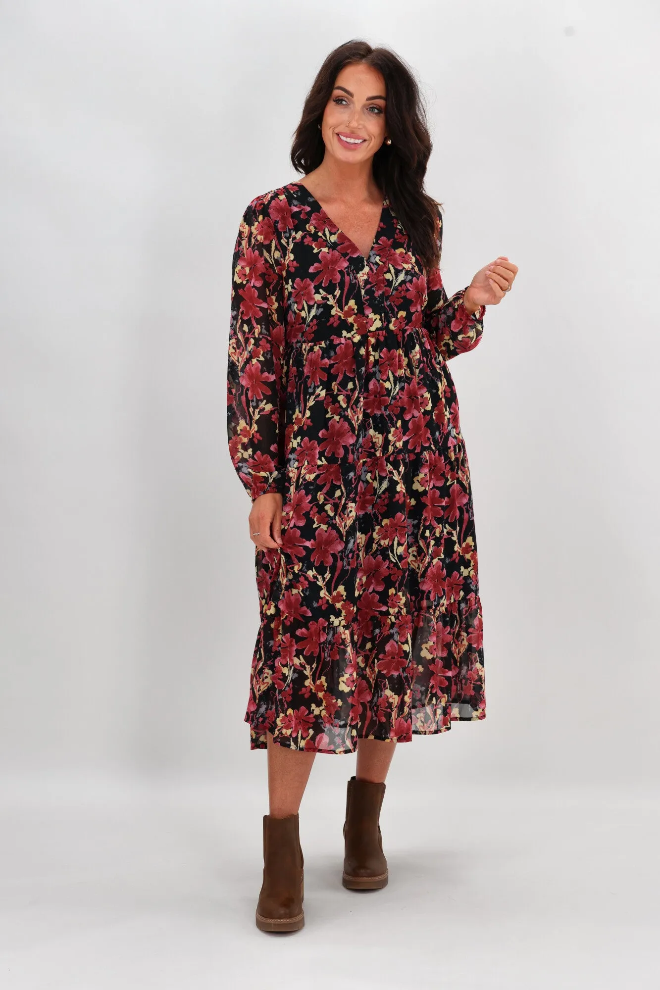 Gloss The Label Chadrick V Neck Tier Dress Black and Cranberry sold by Shine On product image thumbnail 4