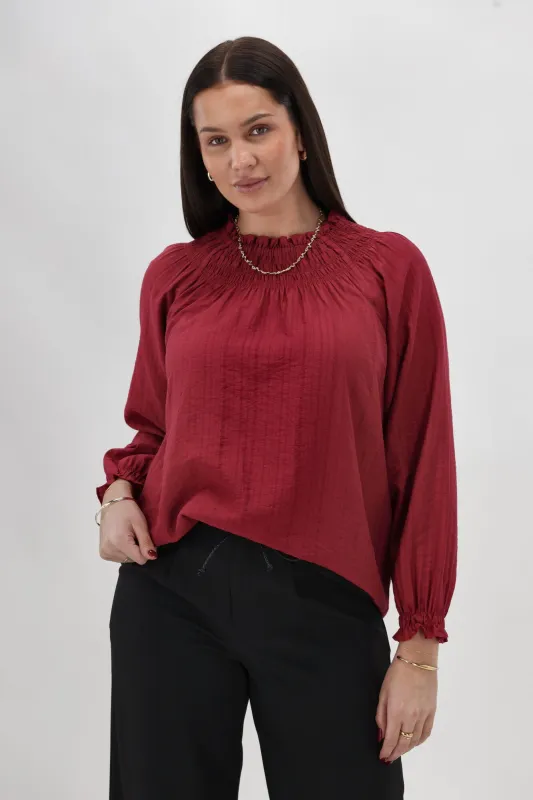 Gloss The Label Raewyn Shirred Neck Top Cranberry sold by Shine On