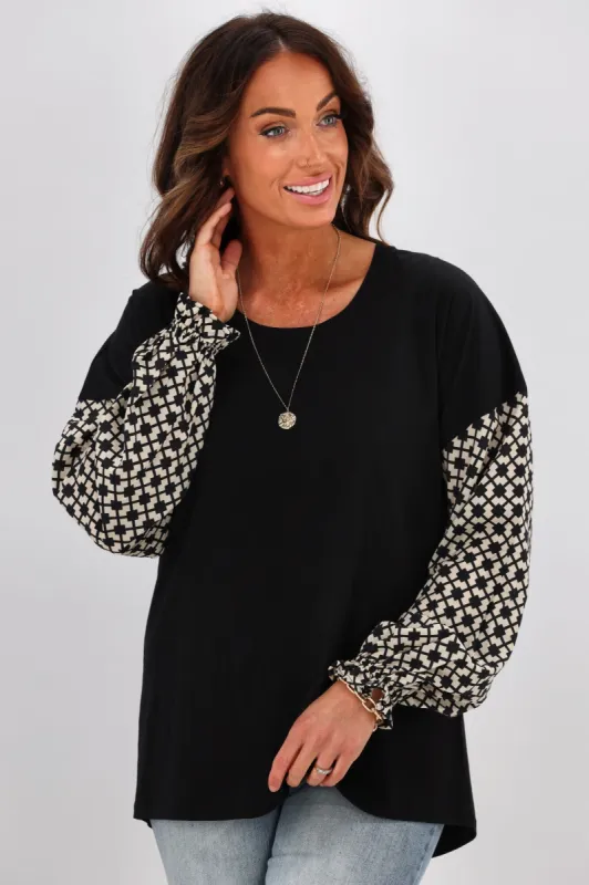 Gloss by Shine On Willa Geo Print Sleeve Top Black sold by Shine On