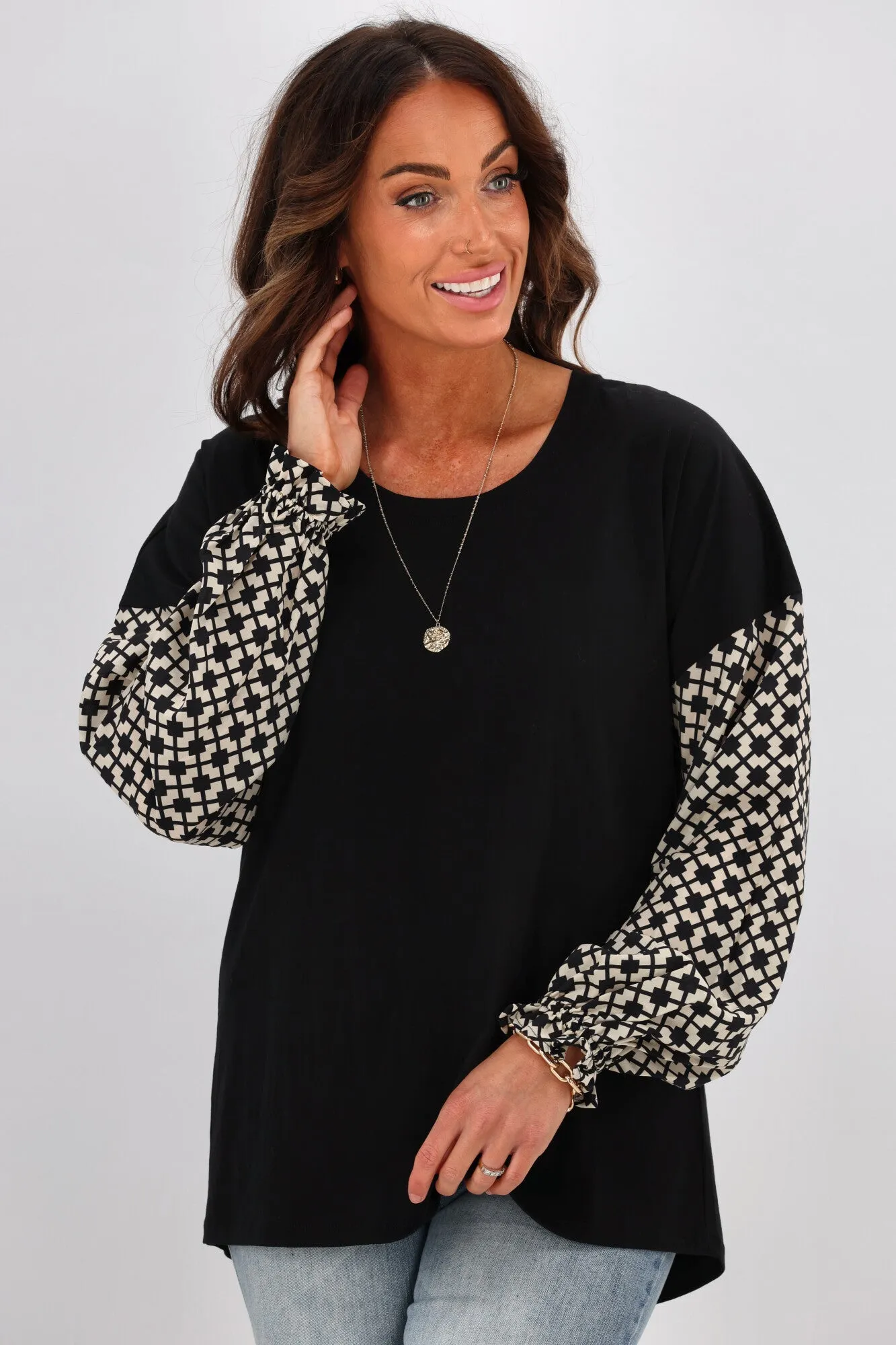 Gloss by Shine On Willa Geo Print Sleeve Top Black sold by Shine On