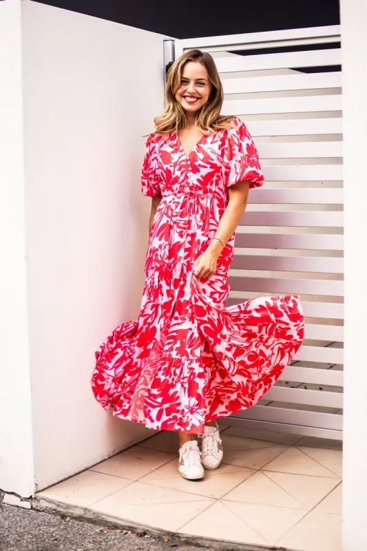 Fria Tabitha Balloon Sleeve Maxi Dress Red Pink sold by Shine On