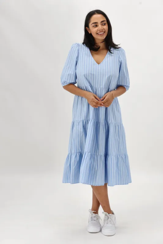 Shine On Label Dahlia Tiered Midi Dress Blue Stripe sold by Shine On