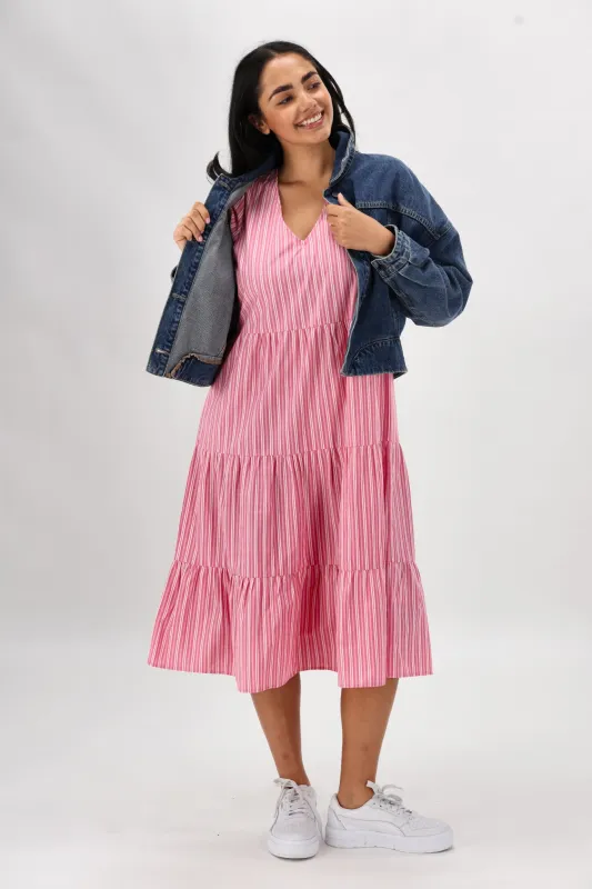 Shine On Label Dahlia Tiered Midi Dress Pink Stripe sold by Shine On
