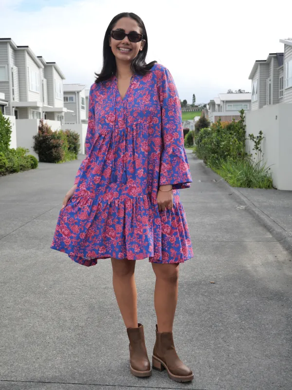 Sunday Boho Isabelle Flounce Dress Blue Floral Print sold by Shine On