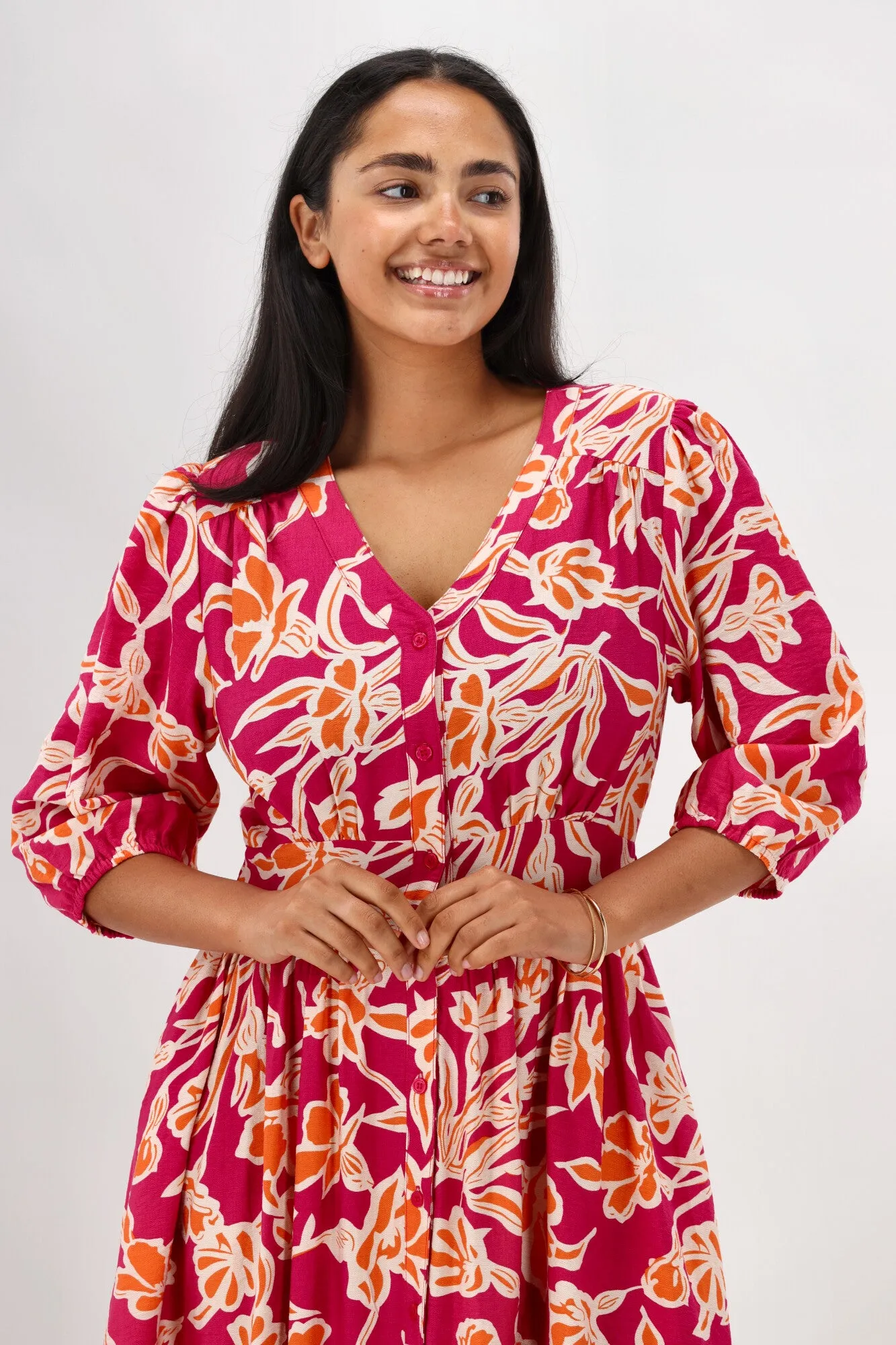 Sunday Boho Akari Dress Print Fuschia Orange Floral sold by Shine On product image thumbnail 5