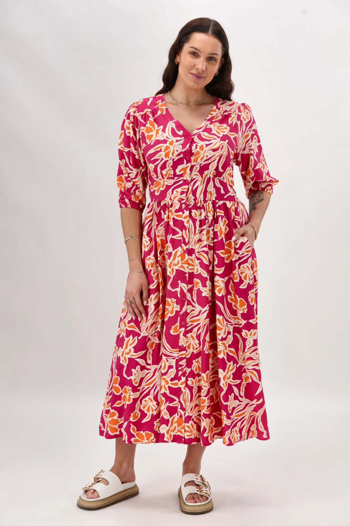 Sunday Boho Akari Dress Print Fuschia Orange Floral sold by Shine On product image thumbnail 3