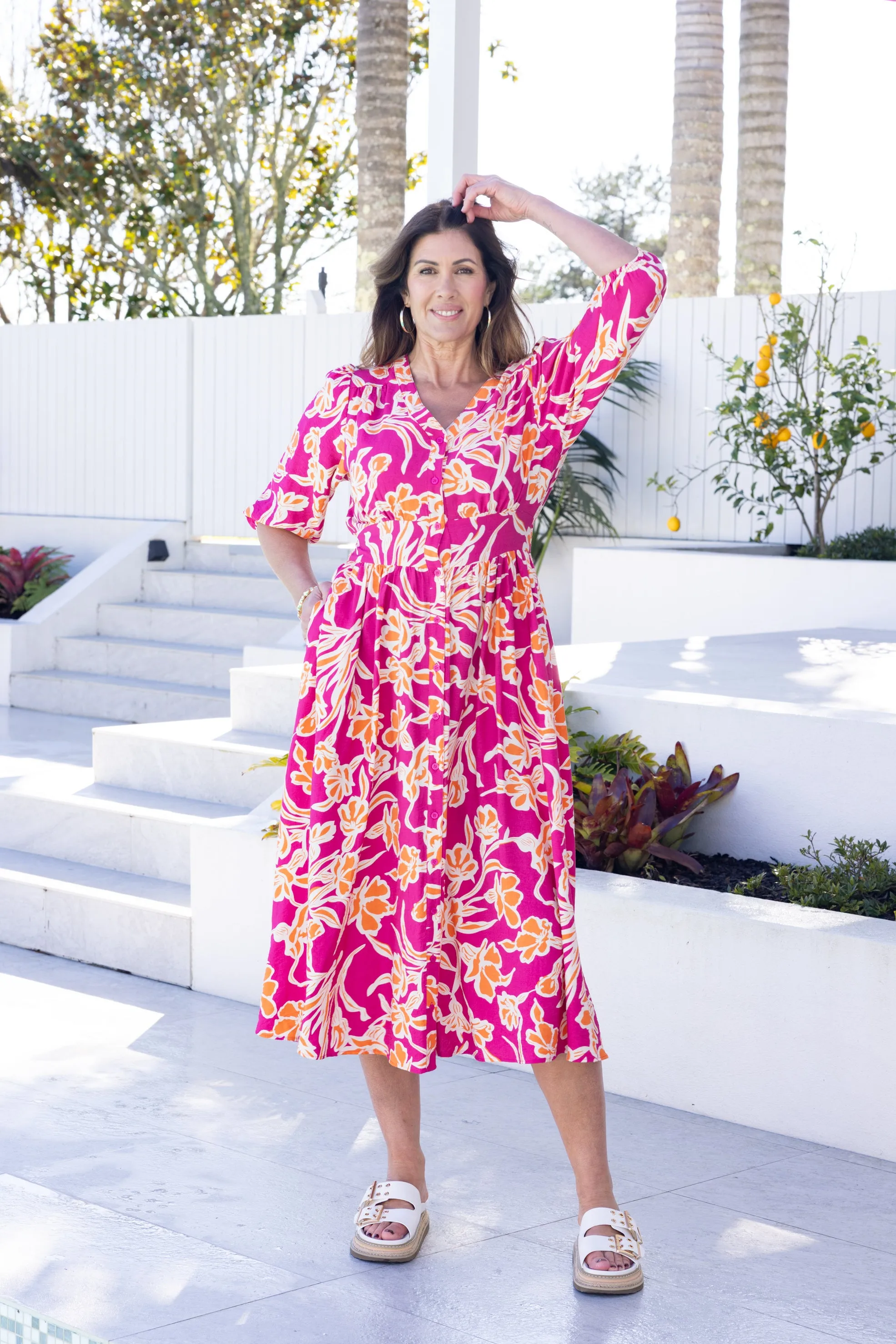 Sunday Boho Akari Dress Print Fuschia Orange Floral sold by Shine On product image thumbnail 2