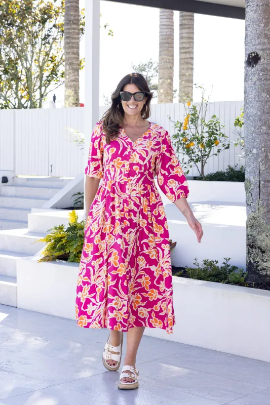 Sunday Boho Akari Dress Print Fuschia Orange Floral sold by Shine On