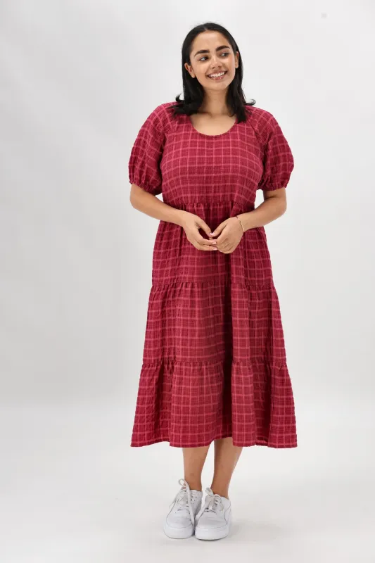 Shine On Label Odessa Tiered Midi Dress Claret sold by Shine On