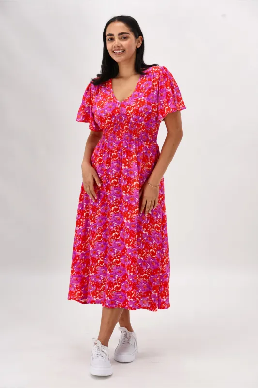 Sunday Boho Fiona Flutter Sleeve Midi Dress Red Floral Print sold by Shine On